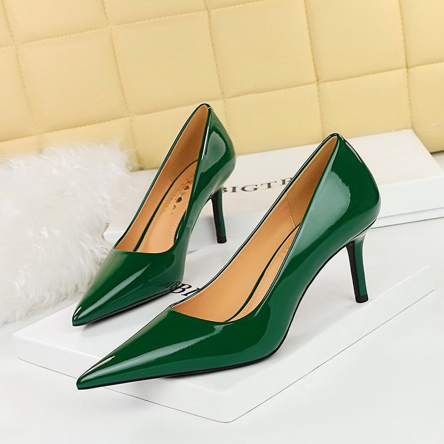 2025 7236  style fashion simple glossy patent leather women's shoes high heels thin heels shallow mouth pointed thin high heels single shoes
