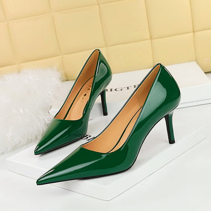 2025 7236  style fashion simple glossy patent leather women's shoes high heels thin heels shallow mouth pointed thin high heels single shoes