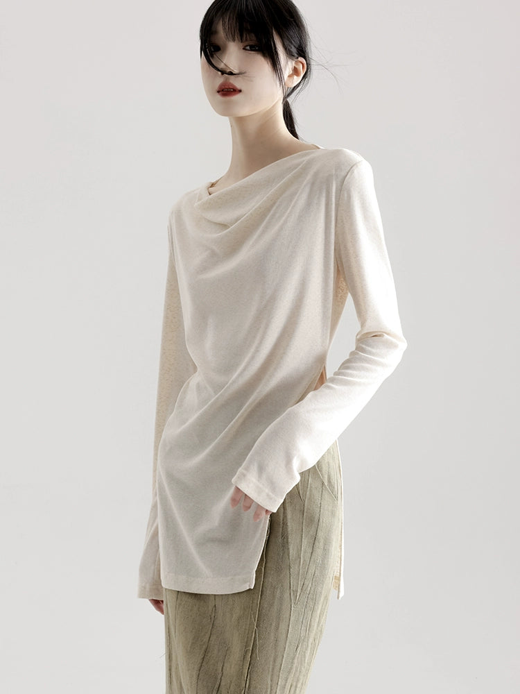 APOZi collection time series new Chinese swing neck long-sleeved t-shirt women's loose and thin knitted top