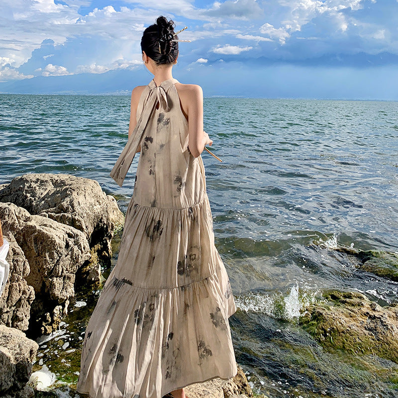 2025 New Chinese ink painting suspender dress women's clothing summer retro national style temperament cold advanced sense vacation skirt length