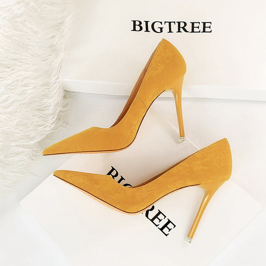 2025 1829-7  style fashionable simple thin heel super high heel suede light mouth pointed head sexy nightclub showing thin women's single shoes