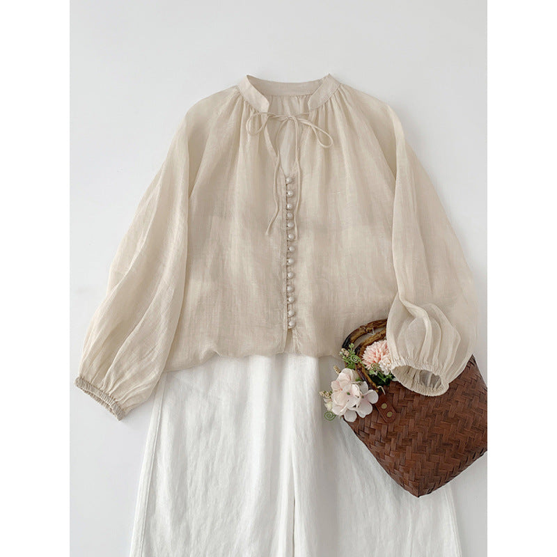 literary and retro solid color single-row button-up strap-up elastic sleeve shirt women's lantern sleeves loose small bag buckle sunscreen