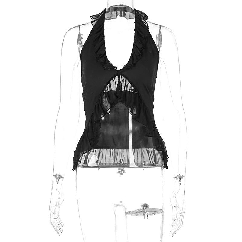 LOVEVOP 2025 style cross-border Hot summer new neck fungus edge exposed button V-neck solid color sexy splicing mesh, women's clothing