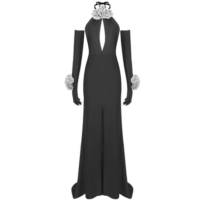 LOVEVOP popular summer new dress neck silver flower hollow long dress with gloves  women's open-ended dress