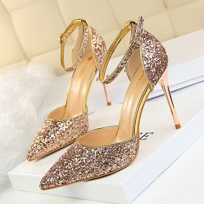 2025 283-A1  sexy nightclub women's shoes high heel shallow mouth pointed metal thin heel with sequined hollow sandals
