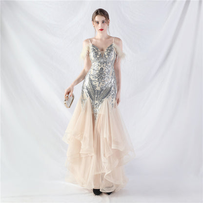 31983 #New craft order ostrich hair hard mesh positioning flower beads splicing mesh yarn dance performance dress skirt