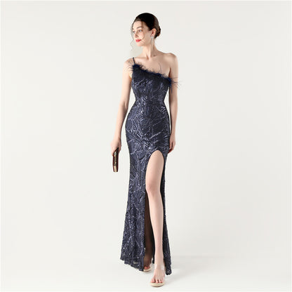 33328 #2025 new sequined evening dress heavy industry stapled beads oblique collar shoulder high split evening dress