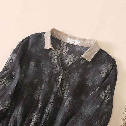 summer new literary and retro printing contrasting color V-neck shirt skirt large size loose medium and long dress women