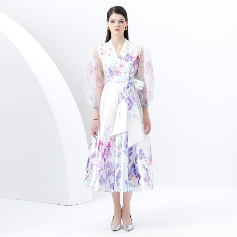 style New Popular trade women's fashion printed dress, socialite waist lantern sleeve big swing elegant long dress