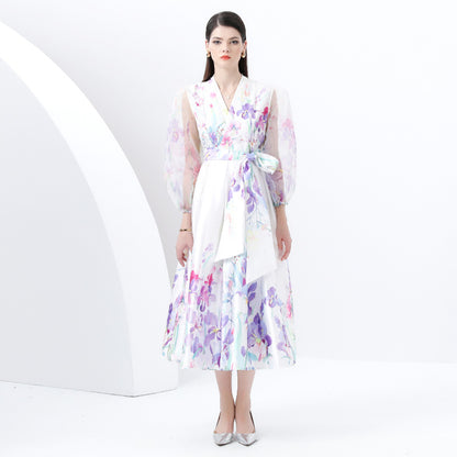 style New Popular trade women's fashion printed dress, socialite waist lantern sleeve big swing elegant long dress