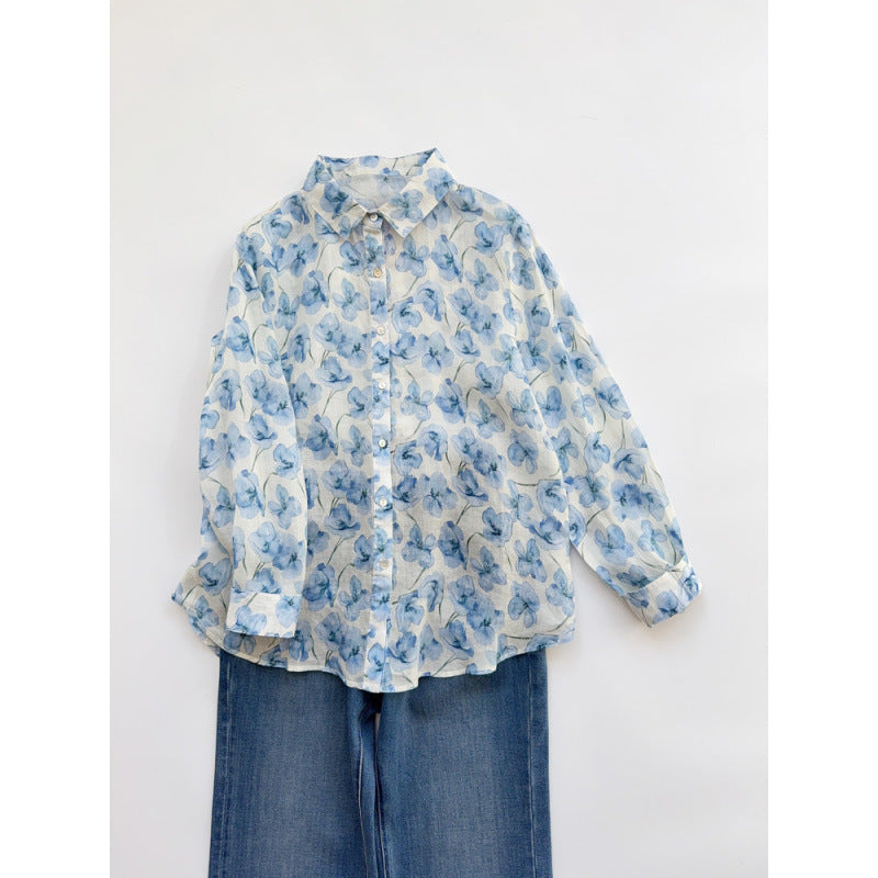 Gentle wind light blue floral shirt  summer thin linen  literary fresh printed top