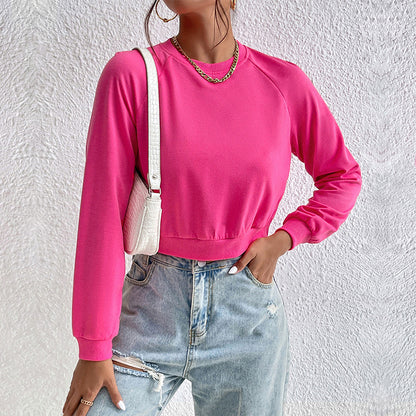 LOVEVOP popular New Early Autumn Casual Sports Rough Sleeve Top Hot Trade Color Matching Short Navel Crew Neck Pullover Sweater