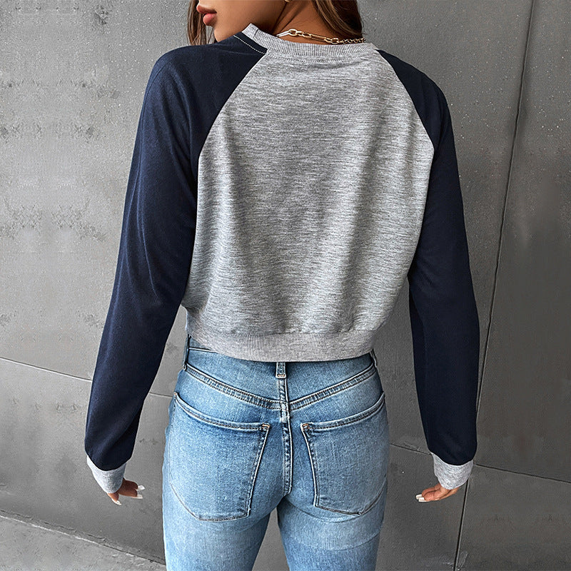 LOVEVOP popular new spring and autumn college style shoulder sleeves BM 2025 Popular trade color matching short navel round neck pullover sweater