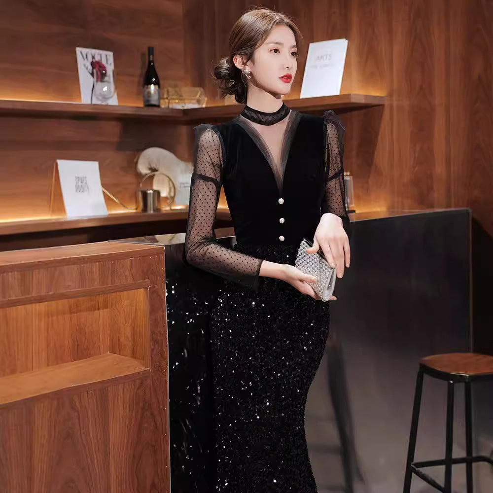2025 new black evening dress style atmosphere banquet fishtail vocal dress art test long sleeve host temperament