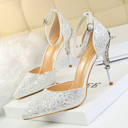 2025 283-5  style fashionable and sexy hollow nightclub showing thin metal heel high heel sparkling sequins with sandals