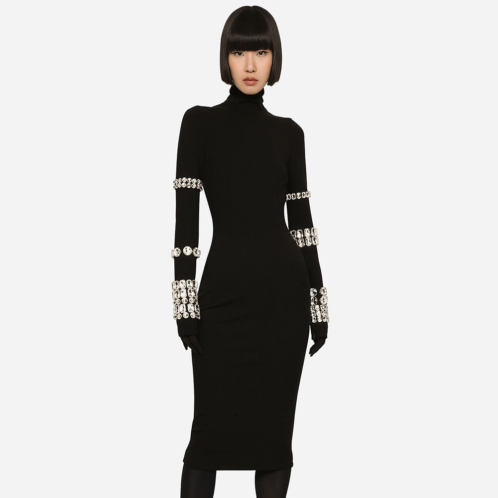 LOVEVOP  black heavy industry diamond-encrusted long-sleeved turtleneck bandage dress high-end sense slim-fitting knitted women's clothing autumn and winter models