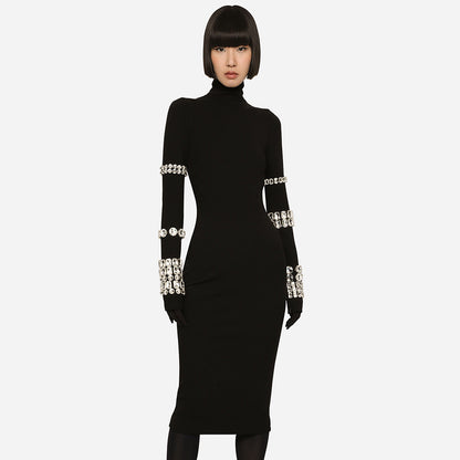 LOVEVOP  black heavy industry diamond-encrusted long-sleeved turtleneck bandage dress high-end sense slim-fitting knitted women's clothing autumn and winter models