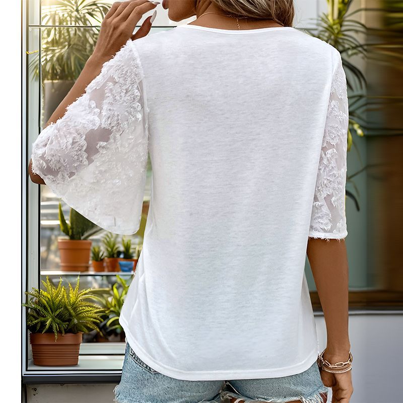 LOVEVOP 2025 popular summer new lace splicing horn sleeve solid color shirt V neck solid color top women