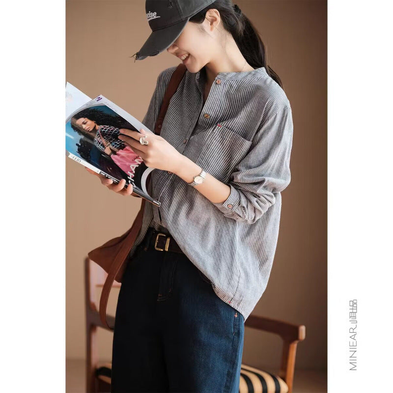 summer new Japanese simple literary and retro striped shirt loose large size versatile long-sleeved top women