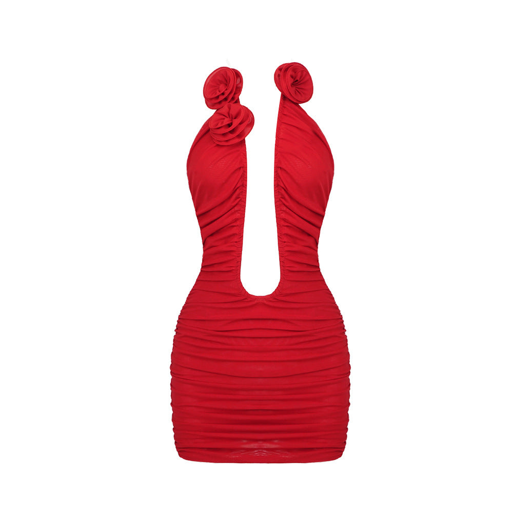 LOVEVOP 2023 new red hollow pleated mesh tube top skirt temperament sexy backless dress summer New women's clothing