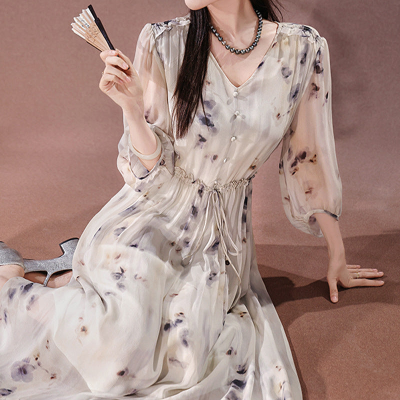 2025 Ink smudge silk dress 100 mulberry silk new Chinese style printed long dress, mesh women's clothing summer