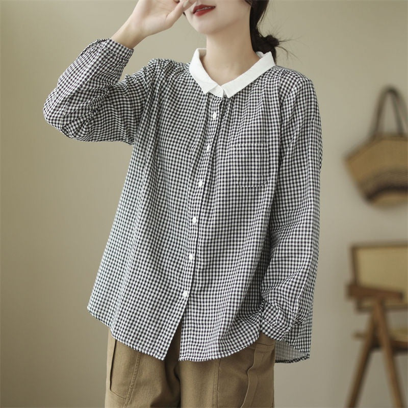 Korean version of small plaid long-sleeved shirt women's  spring and autumn new meat-covering and thin loose age-reducing top color matching shirt