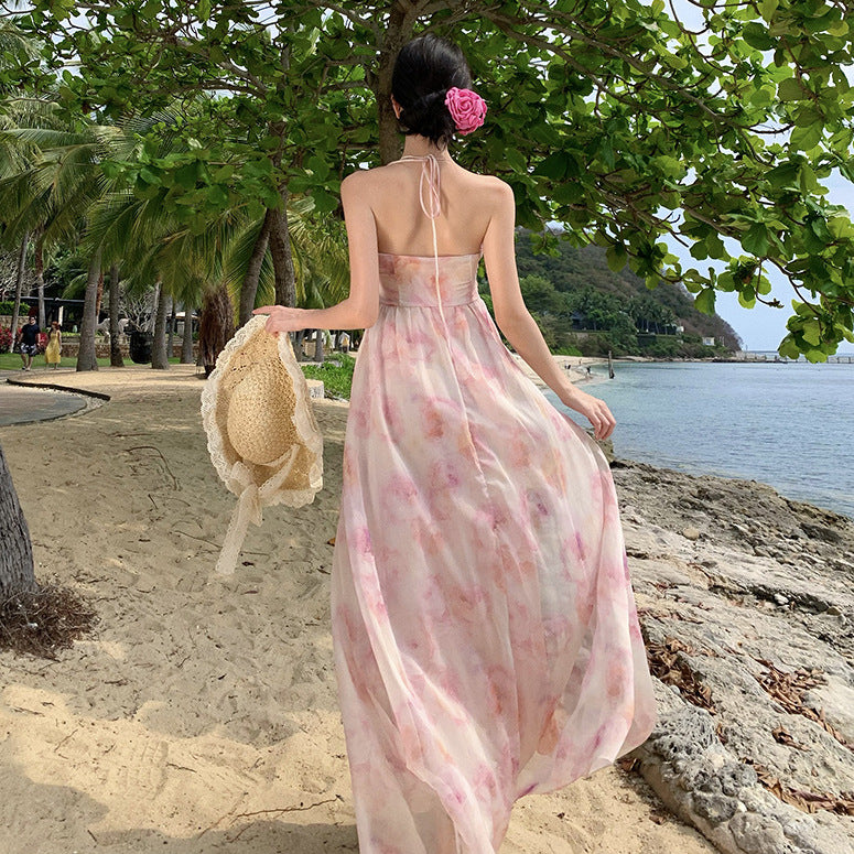 2025 floral neck super fairy atmosphere holiday style dress sexy backless seaside beach photo long dress woman