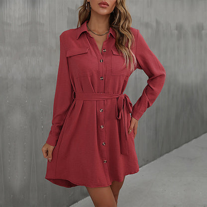 LOVEVOP Cross-border  Hot autumn 2025 cardigan shirt lapel women's commuter lace-up shirt dress