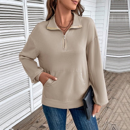 LOVEVOP 2025 foreign trade autumn new women's clothing lapel collar long-sleeved top zipper loose casual sweater women's T-shirt