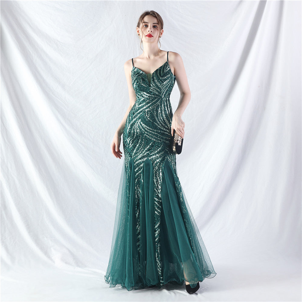 31903 #Hot trade new product laminated bead splicing mesh suspender evening dress