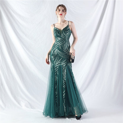 31903 #Hot trade new product laminated bead splicing mesh suspender evening dress