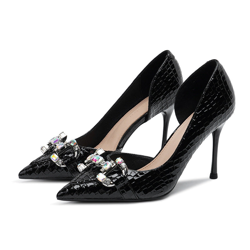 2025 966-A2 niche design texture side empty high heels rhinestone metal buckle thin heel single shoes Huidong pointed women's shoes