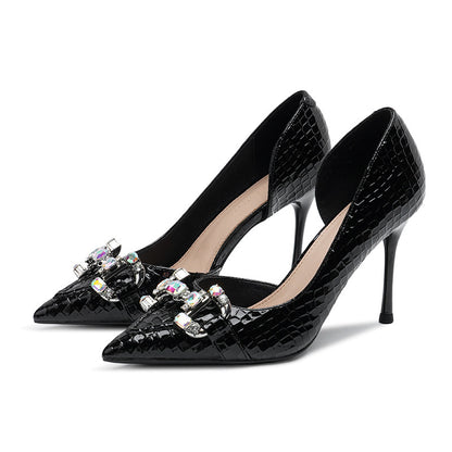 2025 966-A2 niche design texture side empty high heels rhinestone metal buckle thin heel single shoes Huidong pointed women's shoes