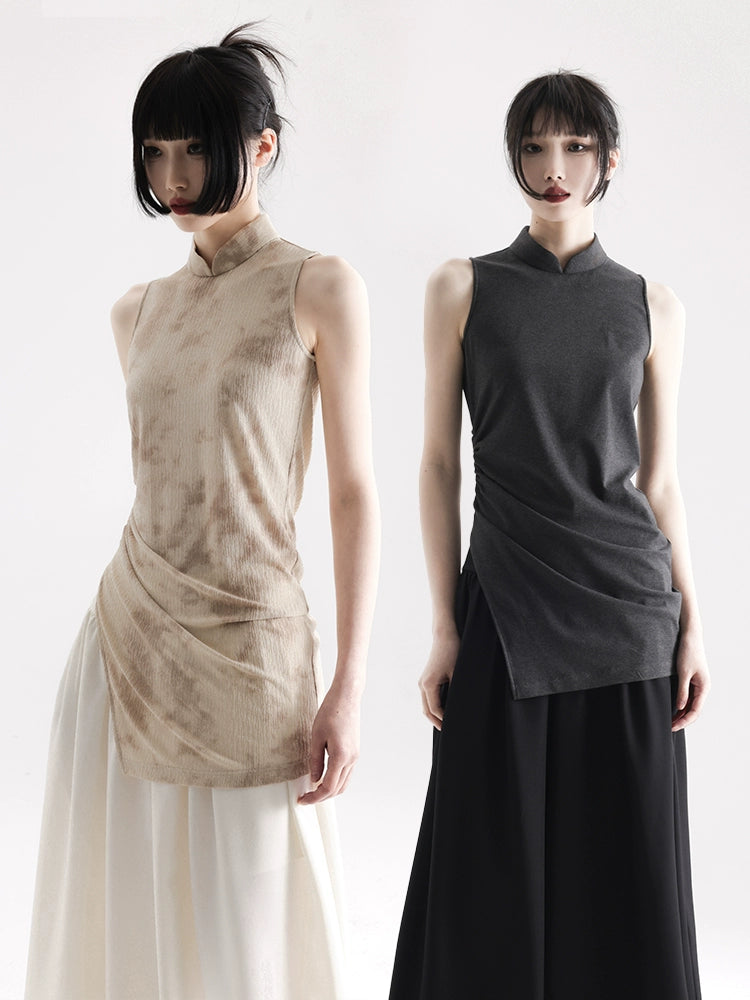 APOZi collection untitled landscape series, new Chinese style T-shirt knitted cheongsam thin top women