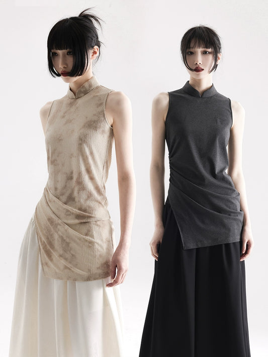 APOZi collection untitled landscape series, new Chinese style T-shirt knitted cheongsam thin top women