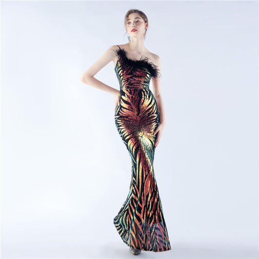 31326 #Hot trade new product positioning flower bead piece craftsmanship order ostrich hair single shoulder diagonal collar high-end evening dress