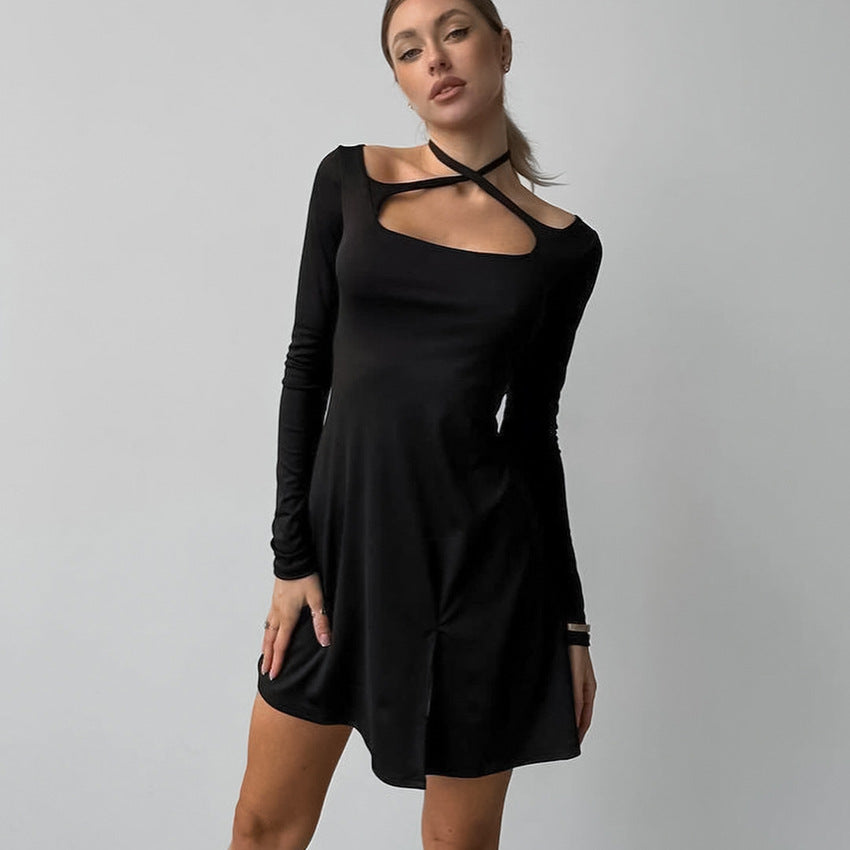 2025 Autumn and winter black sexy slim fit and thin knitted square collar design lace-up dress New commuting split skirt