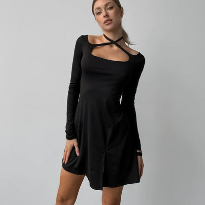 2025 Autumn and winter black sexy slim fit and thin knitted square collar design lace-up dress New commuting split skirt