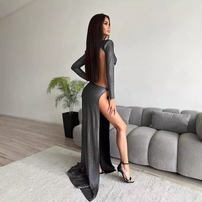 LOVEVOP popular summer new   sexy women's clothing black long-sleeved backless split silver silk high-end dress