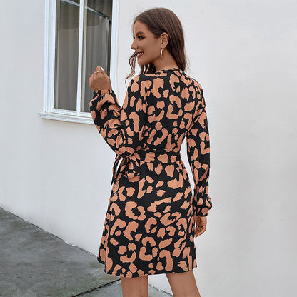 LOVEVOP Cross-border  Europe and the United States new leopard print v-neck long-sleeved long-sleeved dress temperament casual wrap skirt