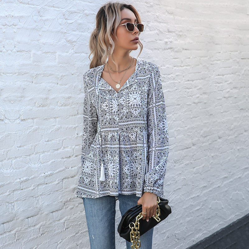 LOVEVOP popular  New explosive shirt spring 2025 long-sleeved printing v-neck fringed ethnic style shirt women