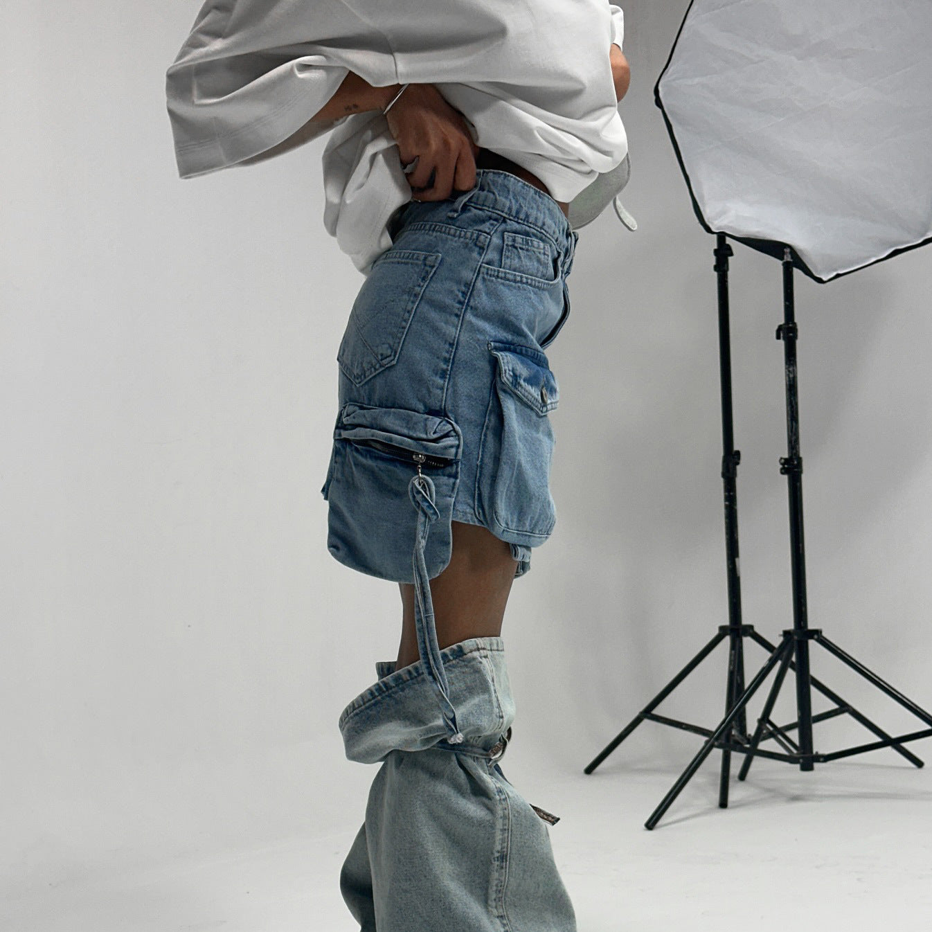 Big pocket splicing tooling denim skirt new street hottie high waist hip wrap a word female drape short skirt female