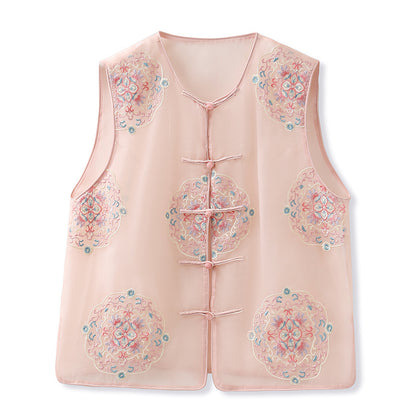 summer new light vest new Chinese buckle high-end design embroidered mulberry silk top women's M6031