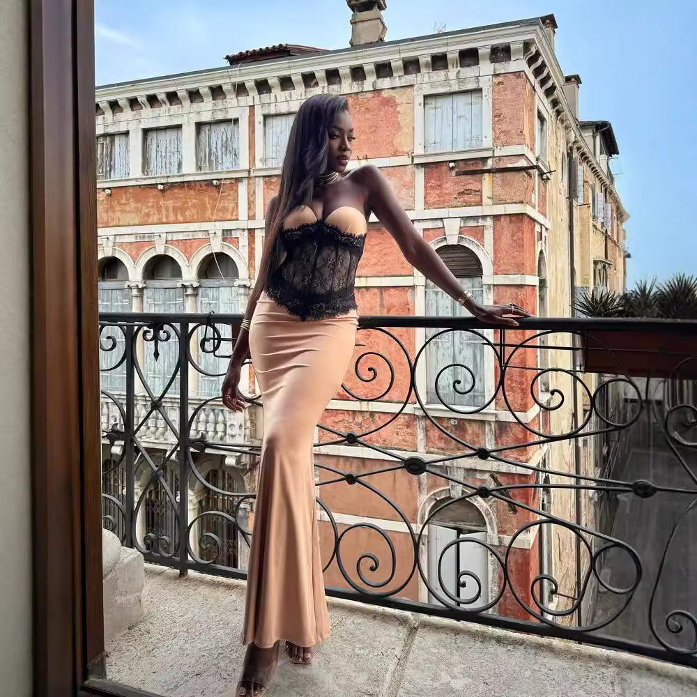 LOVEVOP  apricot lace elastic tube top skirt, sexy slim dress, high elastic hip wrap dress popular summer dress