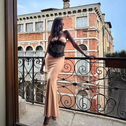 LOVEVOP  apricot lace elastic tube top skirt, sexy slim dress, high elastic hip wrap dress popular summer dress