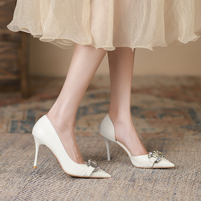 2025 966-A2 niche design texture side empty high heels rhinestone metal buckle thin heel single shoes Huidong pointed women's shoes