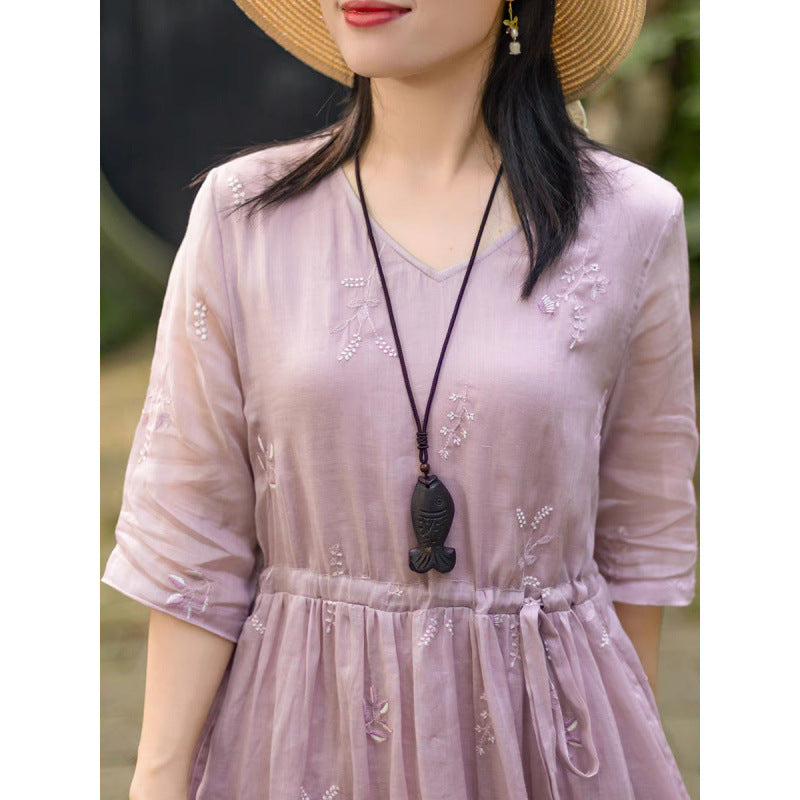Temperament embroidery v-neck waist thin dress  summer new high-end embroidery lace-up dress women