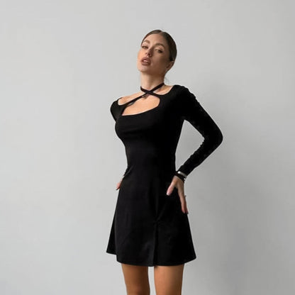 2025 Autumn and winter black sexy slim fit and thin knitted square collar design lace-up dress New commuting split skirt