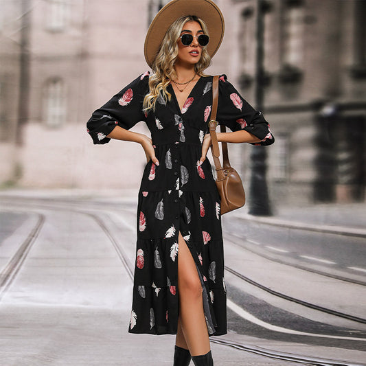 LOVEVOP New Hot Trade Skirt Hot Autumn and Winter New 2025 Women's Cross-border Long Sleeve Printed Dress