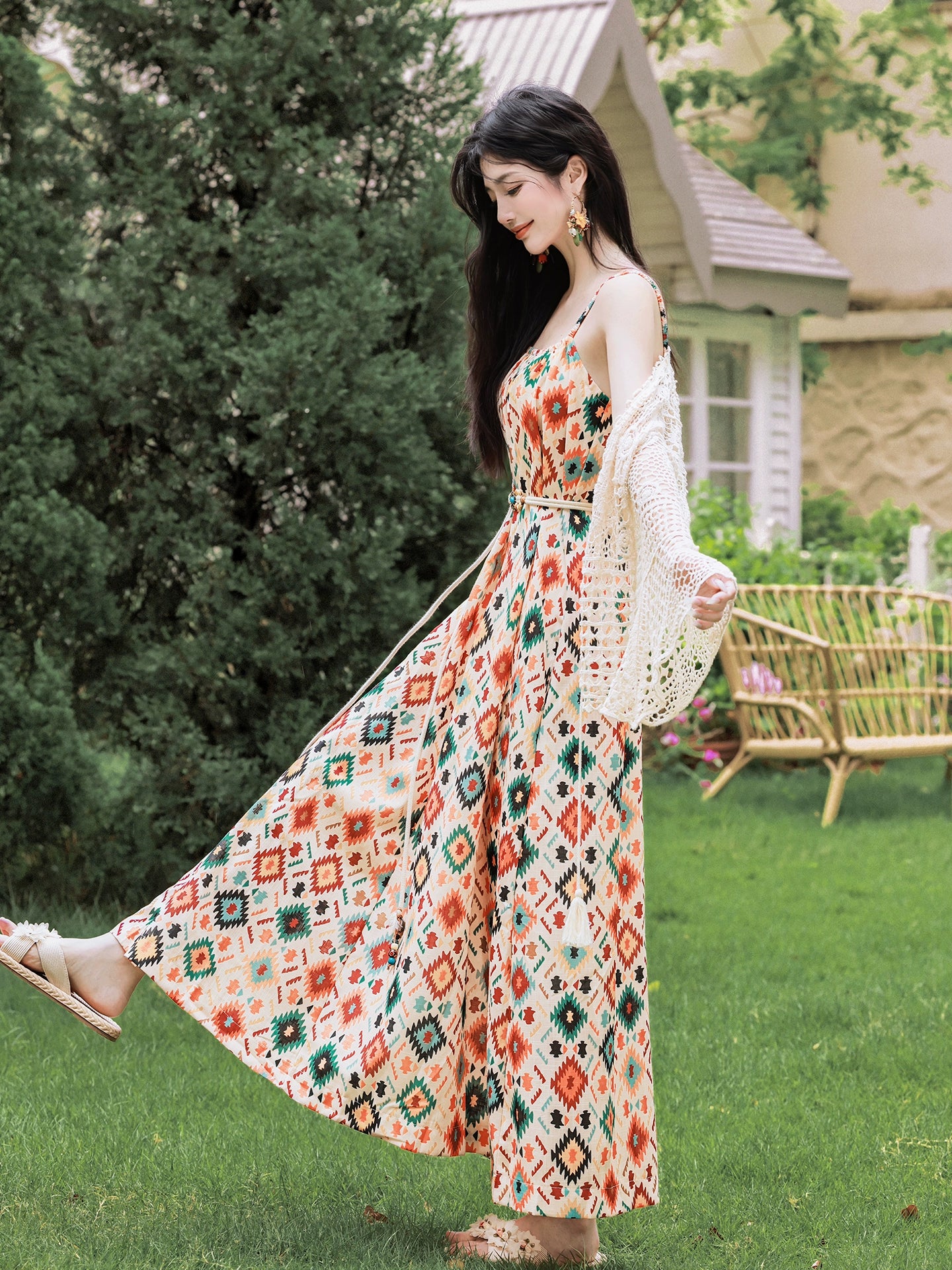South  seaside vacation floral suspender dress women's summer loose long dress with hollow crochet jacket two-piece set